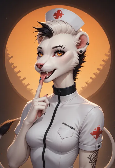  score_9, score_8_up, score_7_up,solo , anthro , Zaffa , lioness,  Orange gradient eyes, black and white hair , white fur , fluffy fur , detailed fur , black tattoo , eyebrow piercing , ear clip , slim body, yandere、nurse clothes shows off a syringe with b...