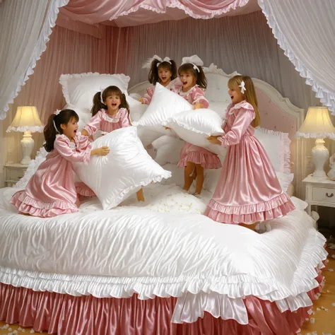 American girls,on the bed,((cute girls on a big bed)),((Childhood )),((Little Girls)), ((little girls pillow fighting on the bed,pillow fight:1.2,)),they have ruffled silk satin pillows,((lots of white feathers dancing,detailed realistic feather:1.0)),shor...