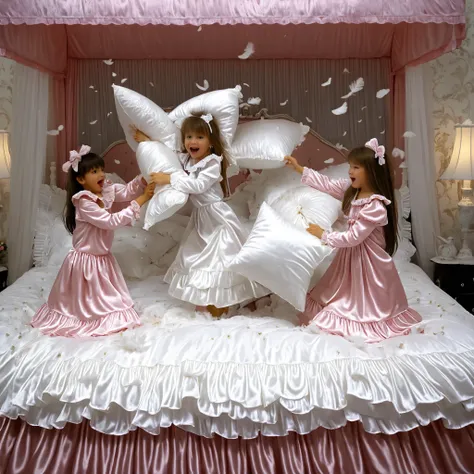 American girls,on the bed,((cute girls on a big bed)),((Childhood )),((Little Girls)), ((little girls pillow fighting on the bed,pillow fight:1.2,)),they have ruffled silk satin pillows,((lots of white feathers dancing,detailed realistic feather:1.0)),shor...