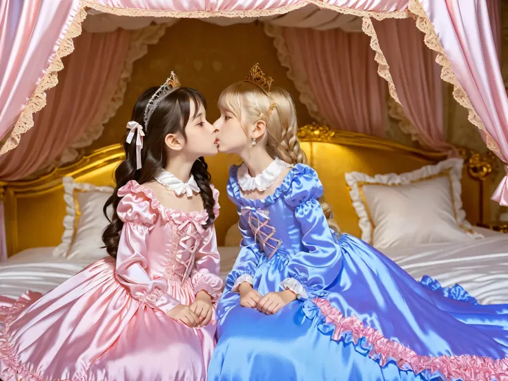 Two Princesses sky blue Silk Satin Victorian Ball Gown Dress. ((Ten years old)),((european little girls:1.2)),((kissing,face to face)),cute face, Cute smile, short body height,long sleeves,puff sleeves,frilled sleeves,(((Frilled yoke collar that completely...