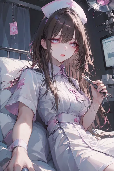 A yandere nurse. She is wearing a light pink nurse uniform. She was in charge of a patient she really liked, but he will be discharged soon. She doesn't want him to leave the hospital, so she cuts the IV tube with scissors to prolong his stay. Her eyes are...