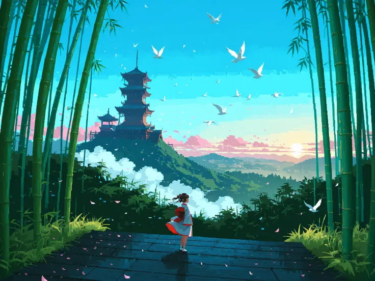 very wide shot, 1 little Chinese girl, 1 panda, bamboo forest, (magnificent panorama view:1.3), 3 white birds, morning, (overlooking:1.3), wind, petals, pixel art, night