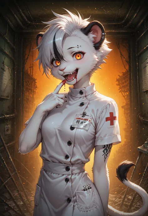  score_9, score_8_up, score_7_up,solo , anthro , Zaffa , lioness,  Orange gradient eyes, black and white hair , white fur , fluffy fur , detailed fur , black tattoo , eyebrow piercing , ear clip , slim body, yandere、nurse clothes shows off a syringe with b...