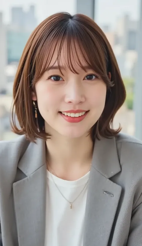 Neat Young Woman、and look at the camera、office lady suit、jacket、shirt、necklace、ear piercing、黒髪、、smile showing teeth、背景はオフィス