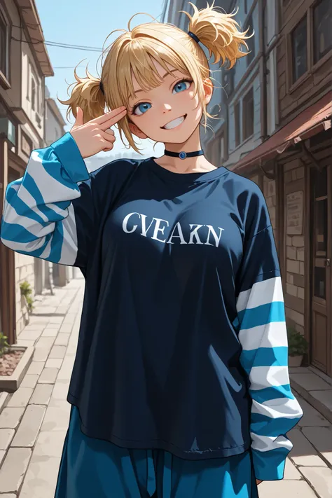 finger gun to head, 1girl, blonde hair, blue eyes, black and blue striped shirt, black and blue shirt, black shirt, blue shirt, different colored sleeves, white sleeves, long sleeves, blue pants, baggy pants, short hair, messy hair, short pigtails, oversiz...