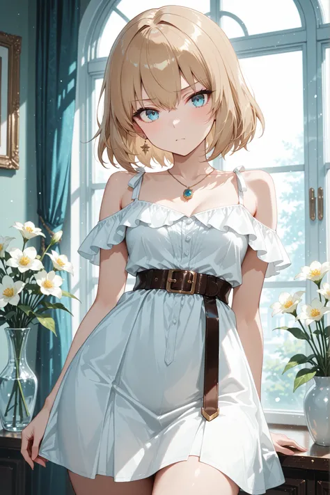 masterpiece, top quality, 非常にhigh resolution, Newest, Extremely Aesthetic, Great Quality,high resolution, Shoulder Off Dress , jewelry belt, Flower Katyusha,