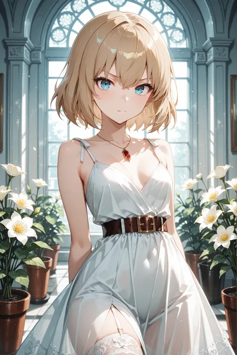 masterpiece, top quality, 非常にhigh resolution, Newest, Extremely Aesthetic, Great Quality,high resolution, Shoulder Off Dress , jewelry belt, Flower Katyusha,