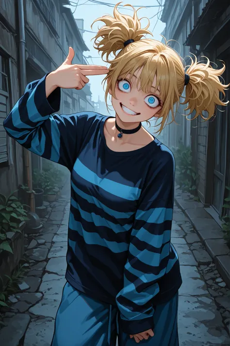 finger gun to head, 1girl, blonde hair, blue eyes, black and blue striped shirt, black and blue shirt, black shirt, blue shirt, long sleeves, blue pants, baggy pants, short hair, messy hair, short pigtails, oversized shirt, outdoors, breasts, grin, choker,...
