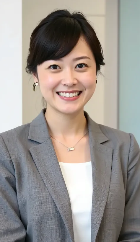Neat Young Woman、and look at the camera、office lady suit、jacket、shirt、necklace、ear piercing、黒髪、、smile showing teeth、背景はオフィス
