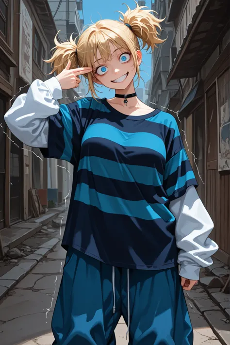 finger gun to head, 1girl, blonde hair, blue eyes, black and blue striped shirt, black and blue shirt, white sleeves, long sleeves, blue pants, baggy pants, short hair, messy hair, short pigtails, oversized shirt, outdoors, breasts, grin, choker, head til...