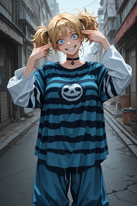 finger gun to head, 1girl, blonde hair, blue eyes, black and blue striped shirt, black and blue shirt, white sleeves, long sleeves, blue pants, baggy pants, short hair, messy hair, short pigtails, oversized shirt, outdoors, breasts, grin, choker, head til...