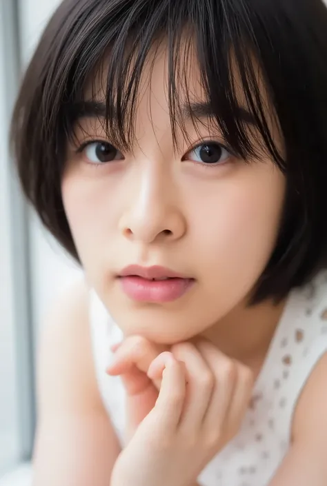 An extreme close-up of a stunning modern Japanese woman, Soft, glowing, dewy skin with a natural blush, Cheeks deeply flushed with shyness, Silent lips slightly parted、shyly, Smile of joy, Slightly visible upper teeth, Gentle tear streaks sparkle、moist eye...