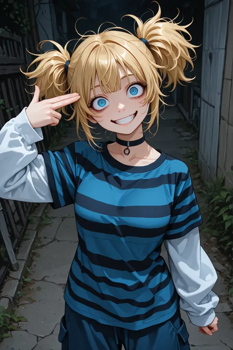 finger gun to head, 1girl, blonde hair, blue eyes, black and blue striped shirt, black and blue shirt, white sleeves, long sleeves, blue pants, baggy pants, short hair, messy hair, short pigtails, oversized shirt, outdoors, breasts, grin, choker, head til...
