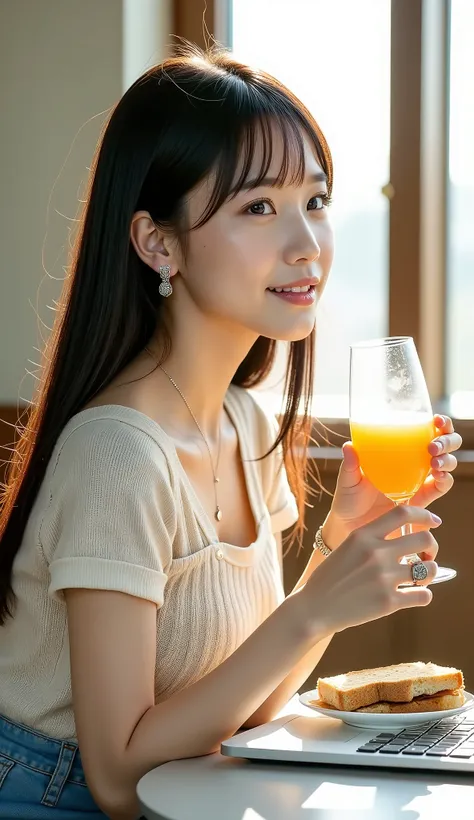 Japanese solo actress taking an artistic photo book。Photobook shoot。Take a picture of your whole body from the side。((cute Japanese woman who is petite and young and looks like an idol))。((女性が自宅のlaptopの前でサンドウィッチを食べている))。((smile very satisfied with the tast...