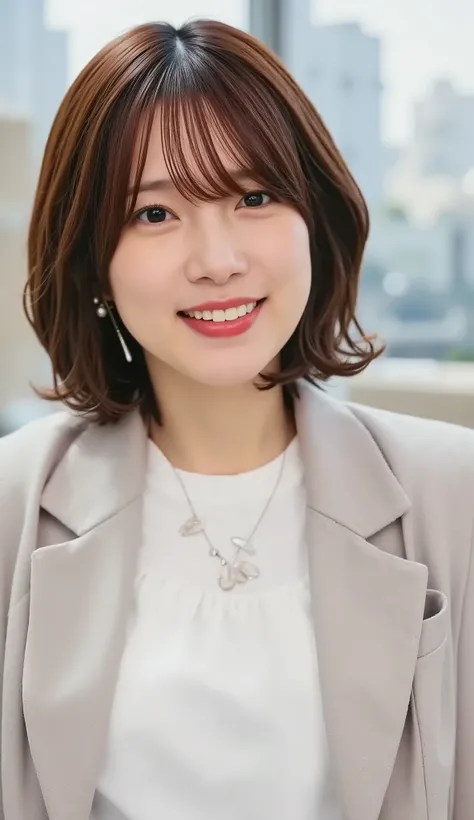 Neat Young Woman、and look at the camera、office lady suit、jacket、shirt、necklace、ear piercing、黒髪、、smile showing teeth、背景はオフィス