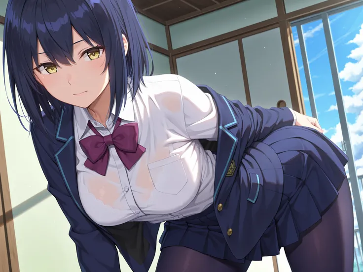 solo,masterpiece,best quality, amazing quality, highres, absurdres, very aesthetic, high resolution, ultra detailed, perfect details,nijirin,medium breasts,yellow eyes,blue hair,black hair,moles,medium hair,nijirincos,white shirt,collared shirt,purple bowt...