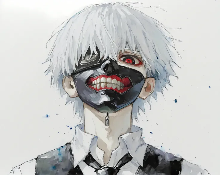 1boy, male focus, kaneki ken, tokyo ghoul, white hair, short hair, long bangs, hair between eyes, eyebrows hidden by hair, red eyes, black schlera, eyepatch, leather mask, mouth mask, black mask, mask teeth, mouth zipper, zipper pull tab, collared shirt, white shirt, black necktie, black vest, solo, upper_body, close up, head back, looking down, looking at viewer, fading, disintegration, watercolor /(medium/), oil painting /(medium/), illustration, white background, simple background