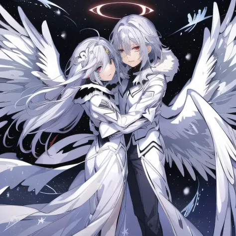 anime couple hugging and kissing , Long red scarf , Man in formal suit wearing a white and platinum lab coat over the man,Red Eyes, cabello largo color platino anime angel con alas y un halo por encima de la cabeza, Anime wallpapers , bíblico preciso ange...