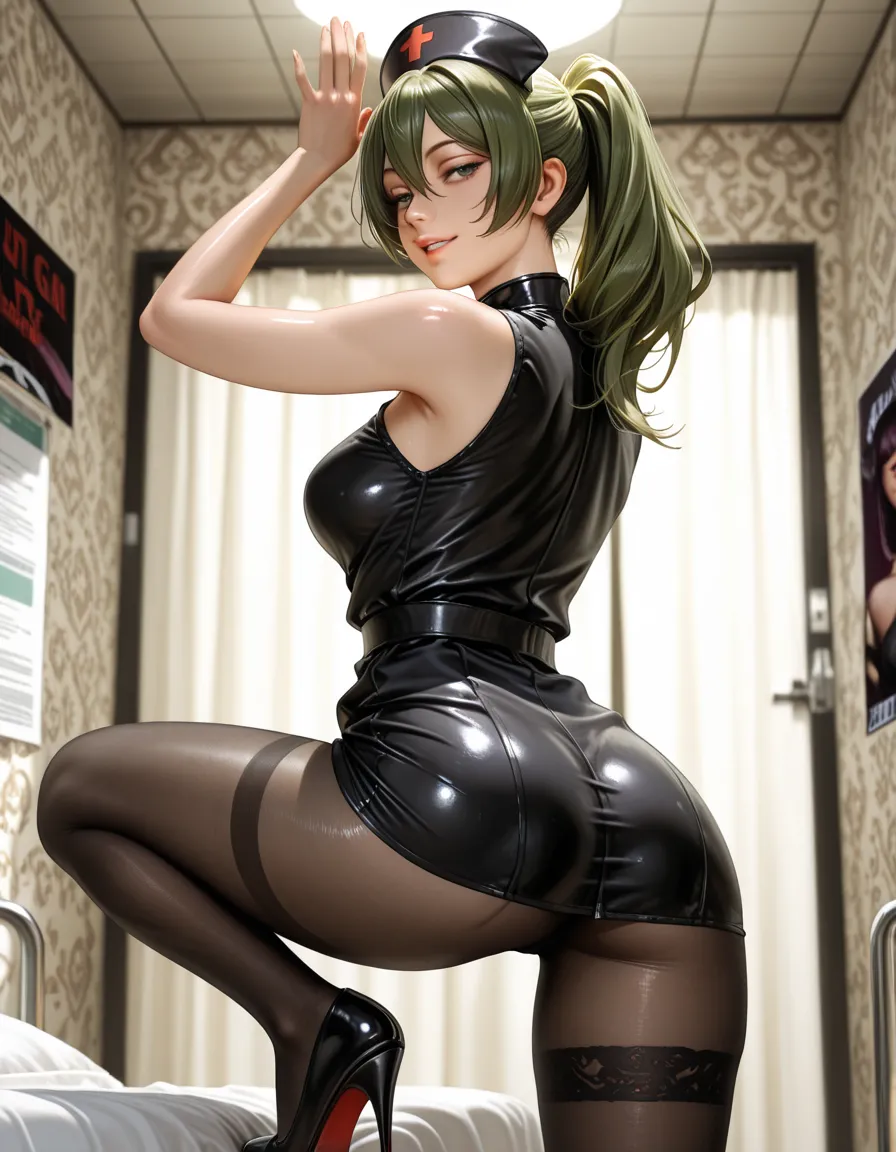 masterpiece, highest quality, realistic, photorealistic, 8k, wallpaper, ultra-detailed, best quality, intricate details, perfect anatomy, depth of field, portrait, luster, glowing, high res, high saturation, provocative posture, seductive looks, 1girl, solo, "Ubel" from "Funeral of Frieren", green hair, bangs, hair between eyes, long twin ponytail, Seductive eyes, shiny texture, parted lips, evil grin, lips, curvy, black nurse outfit, nurse cap, black high thigh, black thighband pantyhose, heels, full body, standing, open legs, hospital, cowboy shot, From behind, looking back, looking this way, poster style, artistic touch, armpit view, gal with hands raised directly above