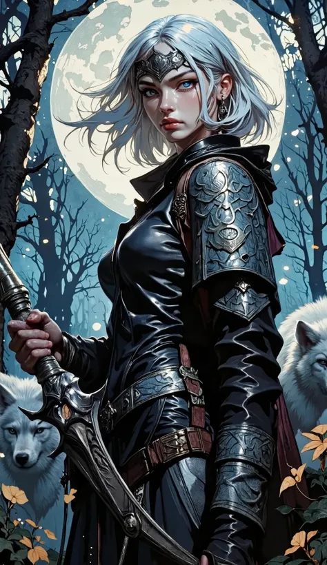 "Artemis," goddess of the hunt, fierce and untamed, illuminated under the silver glow of the full moon, hyperdetailed, 8k resolution concept art, WLOP, Moebius, hyperrealism. Her piercing, ice-blue eyes lock onto the unseen target, her full lips curved int...