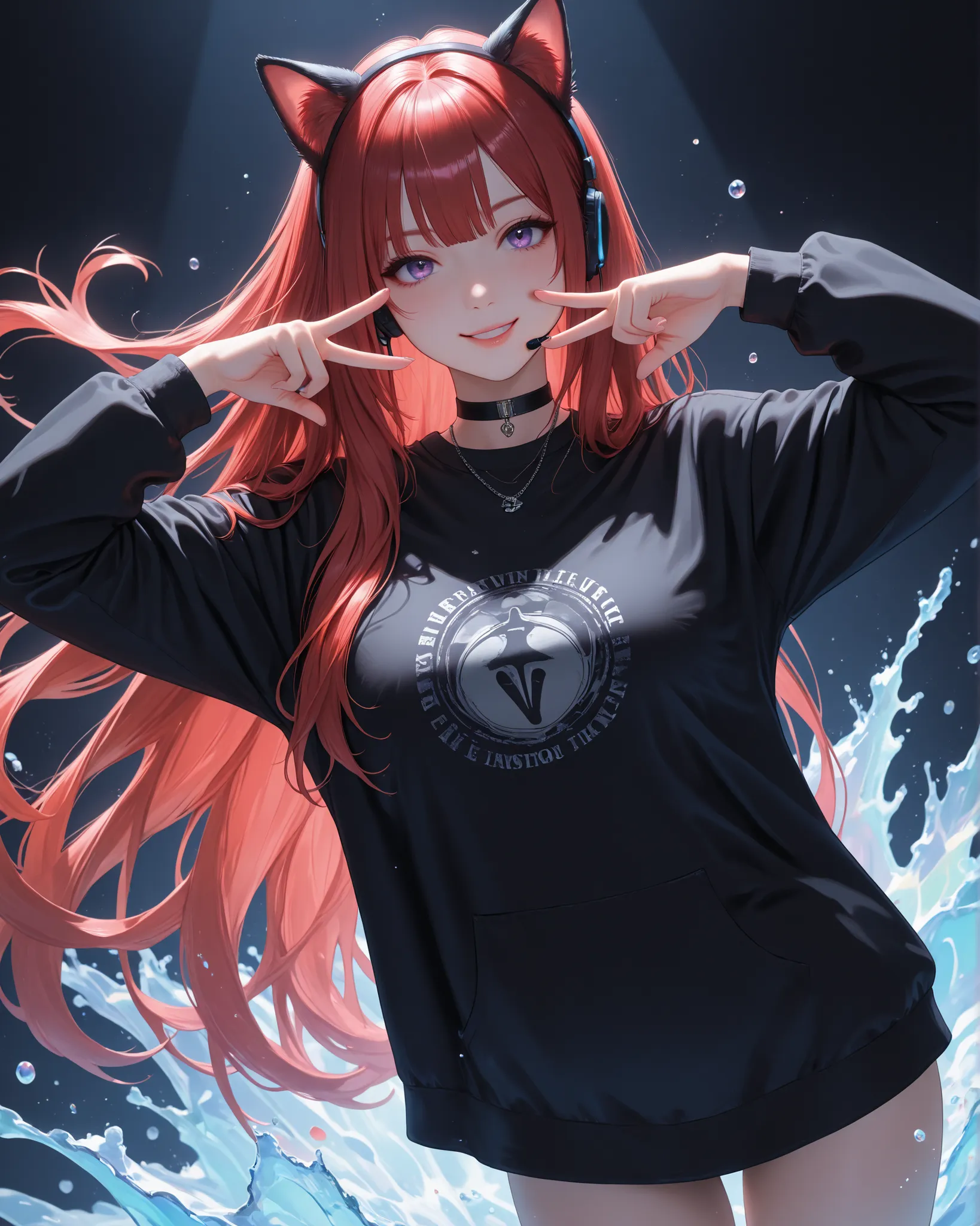 masterpiece, ultra detailed, 4k resolution, cinematic lighting, dynamic angle, perfect anatomy, An energetic girl with long red hair in an anime style, purple eyes, wearing a headset with cat ears and a long black sweatshirt that reaches the beginning of h...