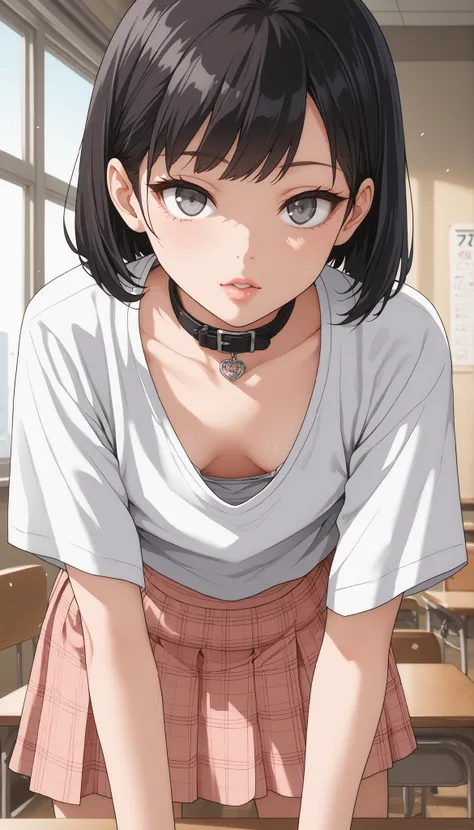  fraction_9,  fraction_8_ up,  fraction_7_ up,  Source_Japanese Manga,  (Japanese Manga cong, Japanese Manga screencap:1.2),   Flat Color ,   smooth skin ,   (Small breasts),(Intensive),, brunette, grey eyes,  short hair, with bangs, hollow eyes, lips, gre...