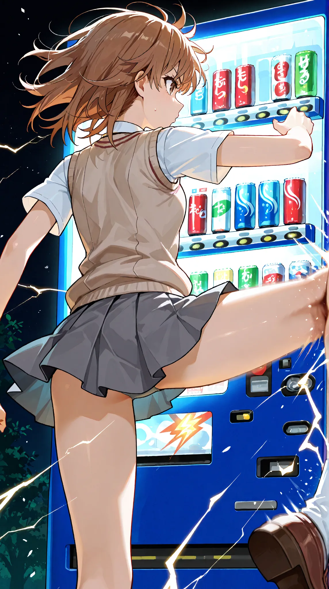 tokiwadai school uniform, summer uniform, brown sweater vest, white shirt, collared shirt, short sleeves pleated skirt, short sleeves, miniskirt, grey skirt,1girl, brown hair, brown eyes, medium hair, masterpiece,amazing quality,best quality,ultra-detailed,
from behind,Vending machine,((girl kicking vending machine)),tremendous impact, lightning rising from the ground, lightning coming from the body,upskirt,hair blowing in the wind,grey spats,motion_blur,park