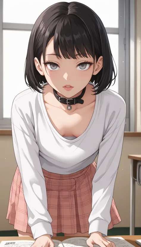  fraction_9,  fraction_8_ up,  fraction_7_ up,  Source_Japanese Manga,  (Japanese Manga cong, Japanese Manga screencap:1.2),   Flat Color ,   smooth skin ,   (Small breasts),(Intensive),, brunette, grey eyes,  short hair, with bangs, hollow eyes, lips, gre...