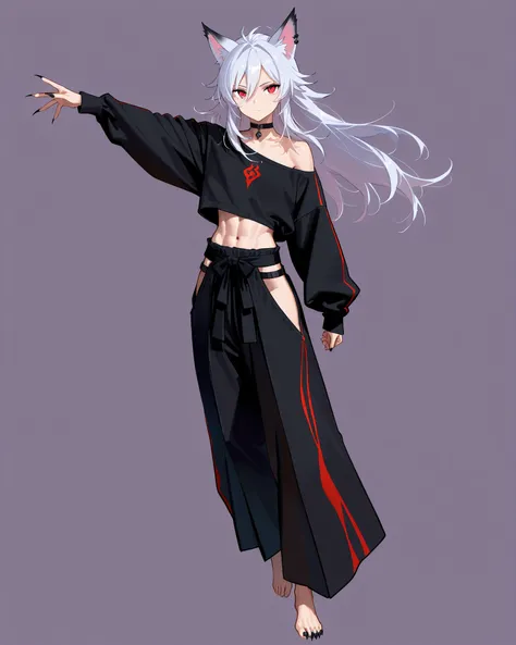 masterpiece,top quality,Super Detailed、high definition、8K Quality、Simple Background、Adult, toned body、Fantasy world clothes,、long pants、Fight motion、shirt、Animal ears、Black line、Combat style、Dynamic、confront the enemy、sharp eyes、Barefoot、Sharp Claws、 kimon...