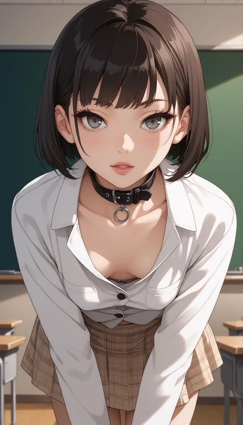  fraction_9,  fraction_8_ up,  fraction_7_ up,  Source_Japanese Manga,  (Japanese Manga cong, Japanese Manga screencap:1.2),   Flat Color ,   smooth skin ,   (Small breasts),(Intensive),, brunette, grey eyes,  short hair, with bangs, hollow eyes, lips, gre...