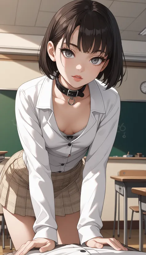  fraction_9,  fraction_8_ up,  fraction_7_ up,  Source_Japanese Manga,  (Japanese Manga cong, Japanese Manga screencap:1.2),   Flat Color ,   smooth skin ,   (Small breasts),(Intensive),, brunette, grey eyes,  short hair, with bangs, hollow eyes, lips, gre...