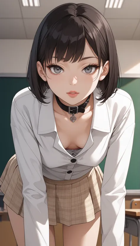  fraction_9,  fraction_8_ up,  fraction_7_ up,  Source_Japanese Manga,  (Japanese Manga cong, Japanese Manga screencap:1.2),   Flat Color ,   smooth skin ,   (Small breasts),(Intensive),, brunette, grey eyes,  short hair, with bangs, hollow eyes, lips, gre...