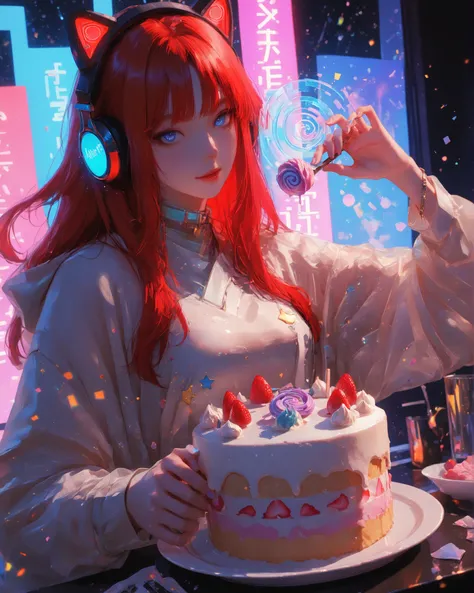 masterpiece, ultra detailed, 4k resolution, cinematic lighting, dynamic angle, perfect anatomy, In a vibrant futuristic kitchen lit by soft neon lights, iJessy — a stylish, red-haired virtual influencer with glowing cat-ear headphones — stands confidently....
