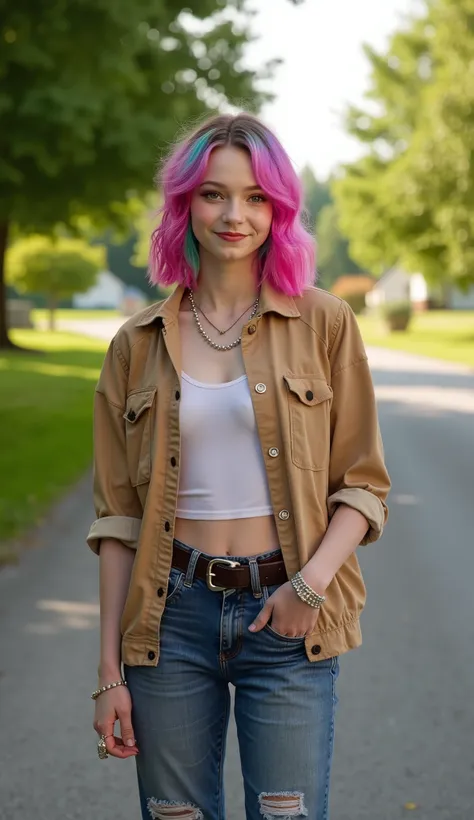 cheerful Emma Myers in a casual but sexy outfit standing next to a farmside road smiling and welcoming with a midwestern vibe. Colorful highlights on the hair
