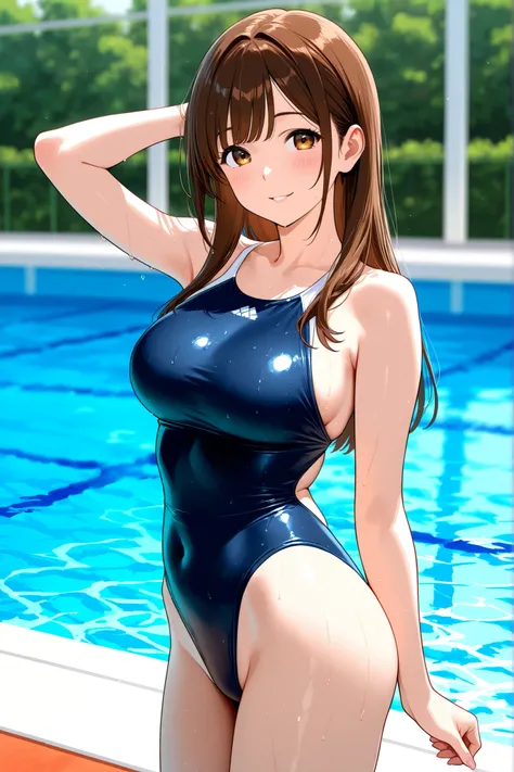 A medium brown-haired Japanese woman in a sexy high-leg one-piece swimsuit came out of the pool