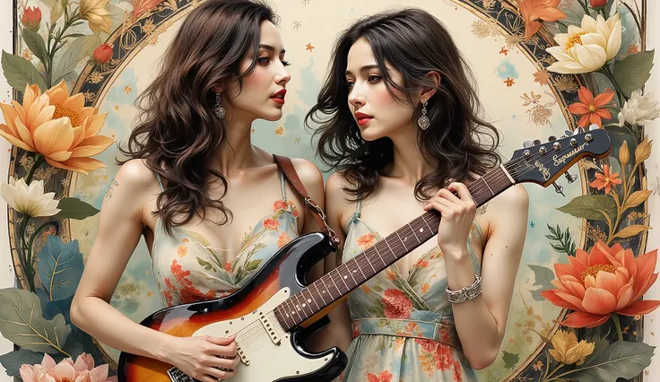 ((最高品質)), ((masterpiece)), ( 詳細),two female persons, guitarist & vocalist , ,30yers old, beauty, information(masterpiece, Best Quality, bst quality, Official Art, beautiful and aesthetic :1.2), ( 1 girl), Extremely Detailed ,( Fractal Art :1.3),colorful,...