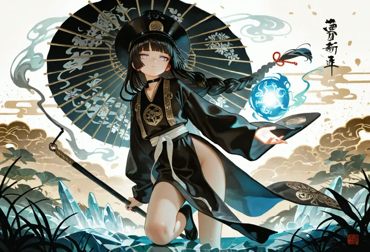 1girl, light lavender eyes, jitome, black Hair, blunt bangs, hime cut, small chest, big hat, black clothes, high waist, long Side slit skirt, Choker, bare legs, socks, black nails, flower pattern, masterpiece, best quality, Perfect details, perfect composi...