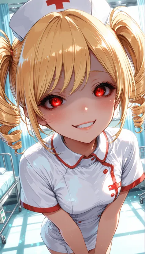 High Quality,4K,8K,real,フォトrealな,Like a painting,hyper-detailed,wearing a professional,Pale colors,Bokeh,清潔なHospital room, cute,Blonde, twin drill, nurse uniform, Stares At Viewers, yandere, Zitoida,  face close-up, standing grinning, from above, Expressiv...