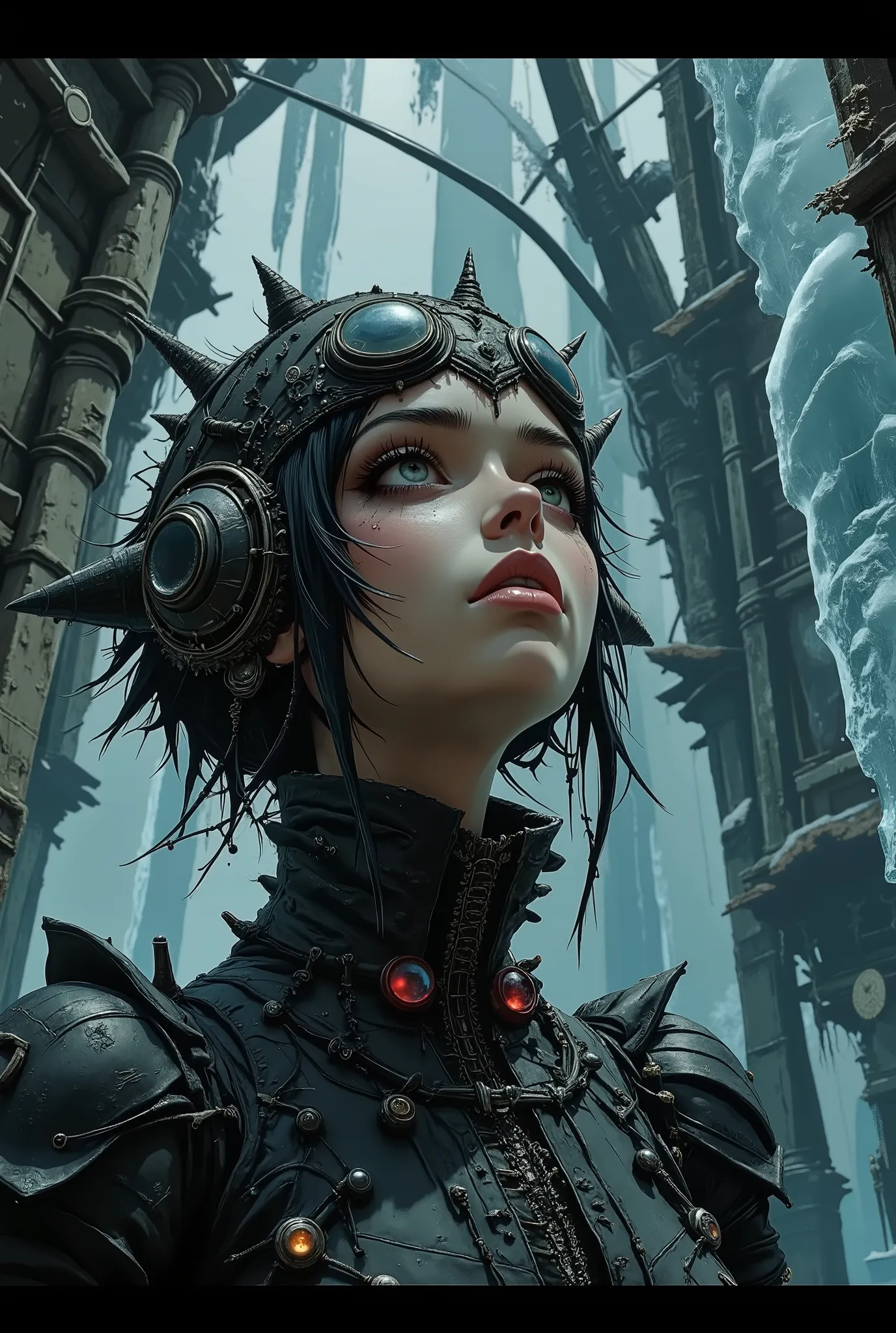 illustration, Beauty, comic book style,gothic style, nightmare, myths, aidmaMJ6.1, shadow and light game, 
A cinematic close-up shot of a female character dressed in an elaborate Gothic fantasy-style costume against a frozen landscape. The stage is designe...