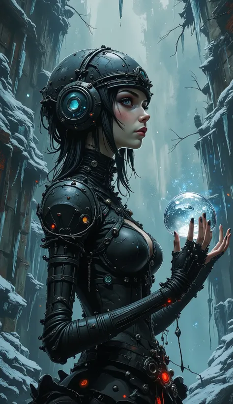illustration, Beauty, comic book style,gothic style, nightmare, myths, aidmaMJ6.1, shadow and light game,
A full-length cinematic shot of a female character dressed in an elaborate Gothic fantasy-style costume against a frozen landscape. The stage is desi...