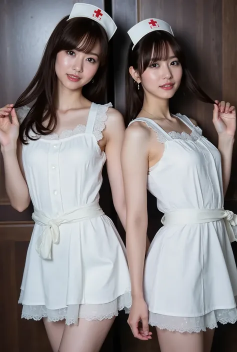 A portrait of two stunningly beautiful Japanese girls from an idol group, one with a slender figure and medium-length hair, the other with a slender figure and boyish short hair. Both are wearing cool, gothic-style nurse costumes designed as stage outfits....