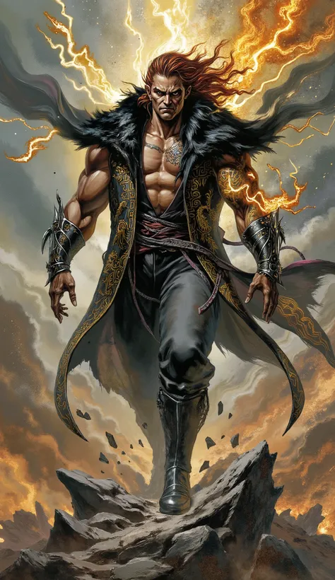 (masterpiece, best quality, 8k, absurdres, ultra-detailed, professional concept art), epic fantasy character portrait of a colossal wuxia overlord. He is a middle-aged man of immense muscularity, his body a testament to countless battles. His chiseled, wea...