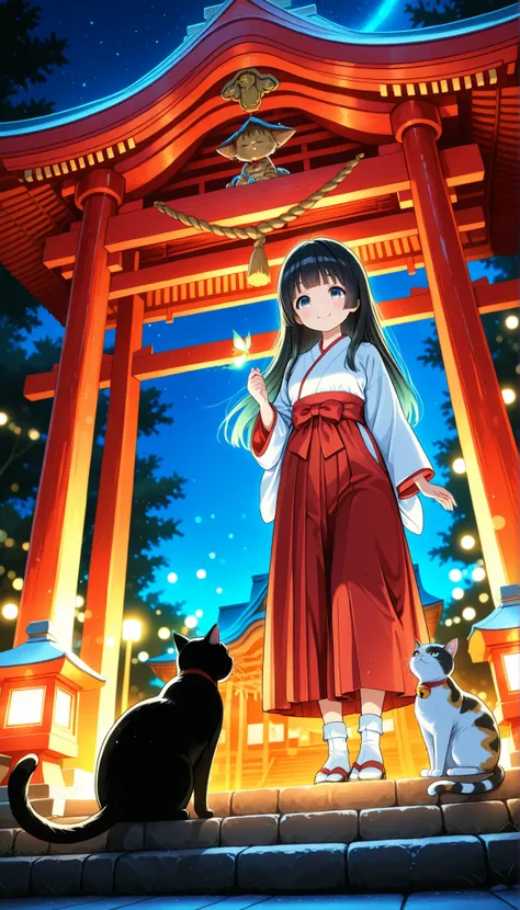 High Quality,4K,8K,real,フォトrealな,1 painting of a woman,hyper-detailed,wearing a professional,Vivid Color,Bokeh,in the precincts of a shrine, 18 year old,cute,tareme,dark haired, hime cut,wearing red and white shrine maiden clothes, sit down, play with cats...