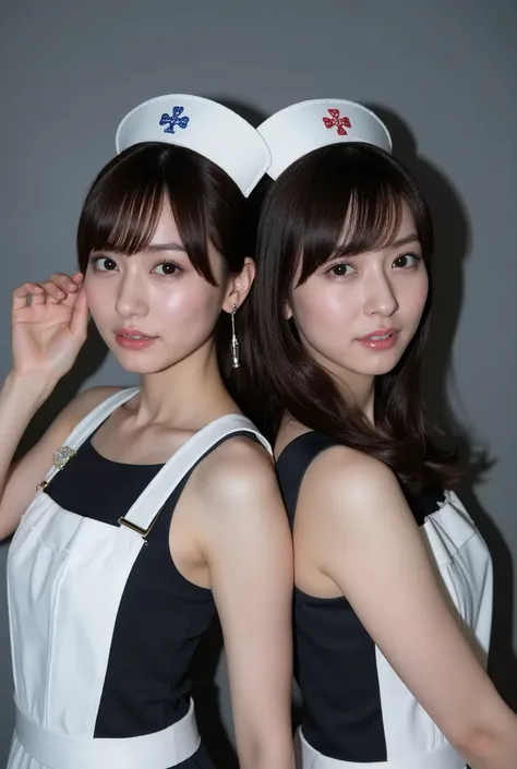A portrait of two stunningly beautiful Japanese girls from an idol group, one with a slender figure and medium-length hair, the other with a slender figure and boyish short hair. Both are wearing cool, gothic-style nurse costumes designed as stage outfits....