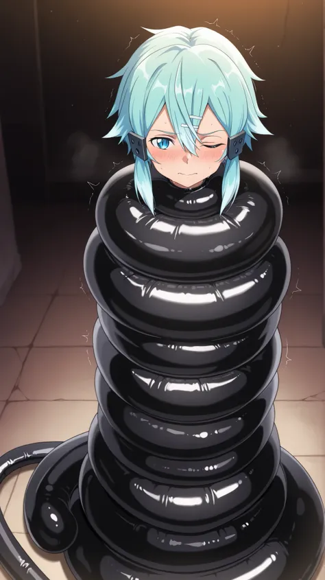 ,Sword Art Online,shino asada, asada shino, sinon, short hair, bangs, blue eyes, hair ornament, hair between eyes, blue hair, sidelocks, slit pupils,

,The body below the neck is not visible, Black rubber tendril, large coiling, large coiling bondage,Coili...