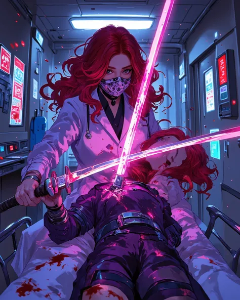  masterpiece, perfect image, detailed, 4k, cinematic angle, perfect human anatomy, cinematic photography, perfect fight scene, a nurse from the game Silent Hill with a bloody lab coat and a completely covered face attacking a beautiful woman (beautiful cur...