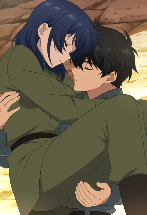 score_9,score_8_up,score_7_up,source anime,anime screencap,anime coloring,masterpiece,best quality,,1girl, blue hair, black hair,medium hair, medium breasts, soldier outfit,princess carry,1boy, unconscious , closed eyes,bridal style, female carrying male, ...