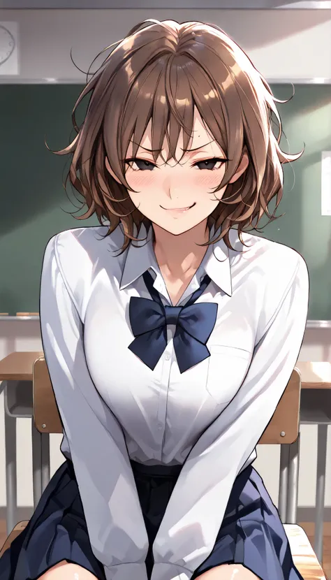 SOLO,Modern Backgrounds,A female with slim body(older girl),Slim body,black eyes,shiny skin,(Wearing A JK skirt),(White school uniform),Sitting in Classroom,Arrogant sitting position,(Brown hair,Short hair,Messy Hair),(Smug),slightly tilted forward,UHD, SO...