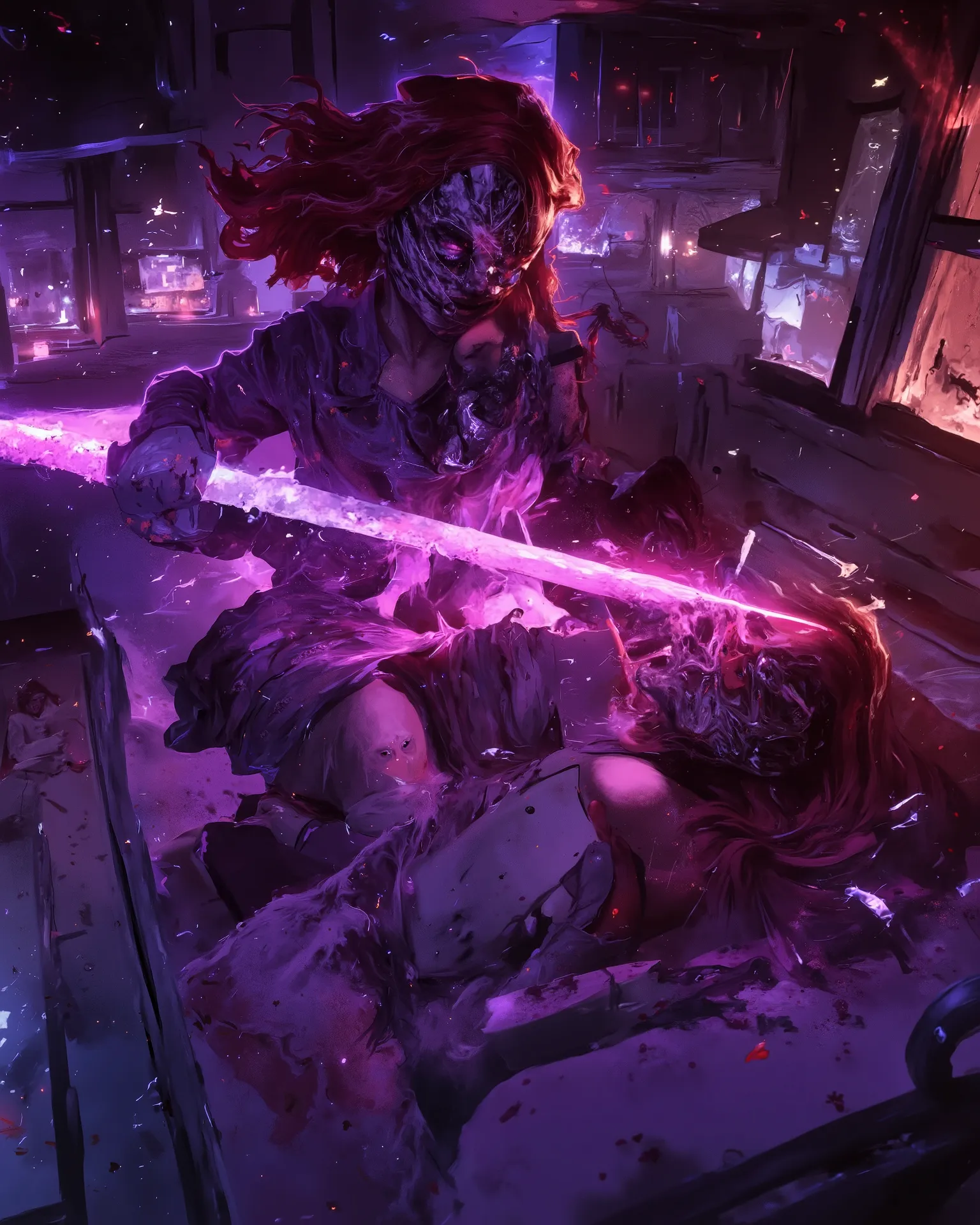 masterpiece, perfect image, detailed, 4k, cinematic angle, perfect human anatomy, cinematic photography, perfect fight scene, a nurse from the game Silent Hill with a bloody lab coat and her face completely covered with bandages attacking a beautiful woman...
