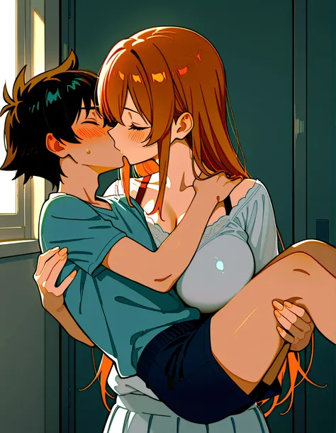 masterpiece, best quality, amazing quality, absurdres, source anime BREAK fd_prca, femdom, 1girl, carrying, princess carry, (female lifting male), 1boy, blush, size difference, height difference, assertive female, hetero, kiss